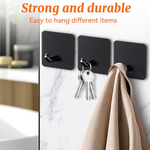 4 Pcs Stainless Steel Adhesive Hooks, Heavy Duty Waterproof Wall Hooks for Hanging Hat,Towel Robe Hook Rack WallMount- Bathroom and Bedroom (Square Black) - color: Black, size: Square