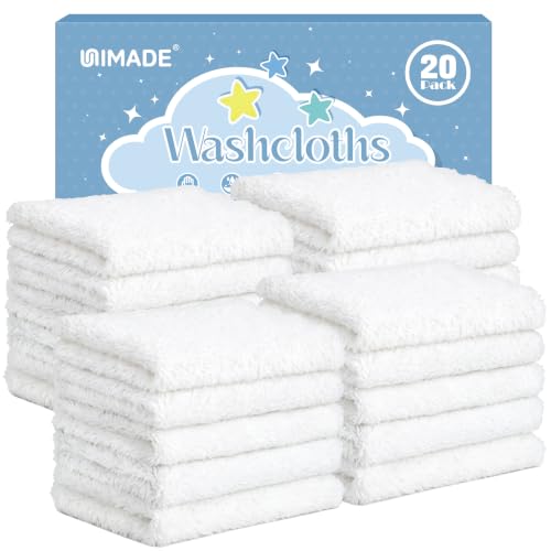 UNIMADE Baby Washcloths, 20 Pack Microfiber Coral Fleece Wash Cloths, Extra Absorbent Baby Towels for Newborns, Infants and Toddlers, Gentle on Sensitive Skin for Face and Body - 7" × 9", White - color: White, size: 7" x 9"