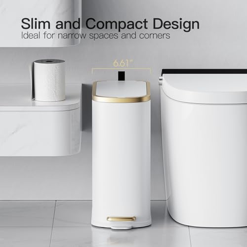 CEROELDA Small Bathroom Trash Can with Lid Soft Close-10L/2.6 Gal Slim Garbage Can-Metal Step Wastebasket-Rectangle Narrow Waste Bin for Office, Bedroom, Toilet, Live Room (White) - color: White, size: 2.6 Gallon
