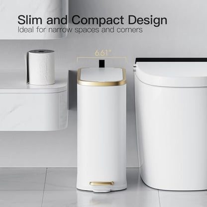 CEROELDA Small Bathroom Trash Can with Lid Soft Close-10L/2.6 Gal Slim Garbage Can-Metal Step Wastebasket-Rectangle Narrow Waste Bin for Office, Bedroom, Toilet, Live Room (White) - color: White, size: 2.6 Gallon