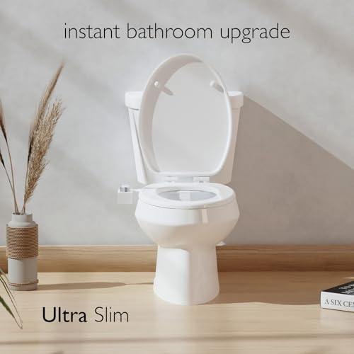 BIDETbidet Left/Right Reversible WARM WATER Ultra-Slim Bidet Attachment with Temperature Control, Interchangeable Knob Set, Hinged Nozzle, Non-Electric, Easy Install, Fits Most Toilets, Off-White