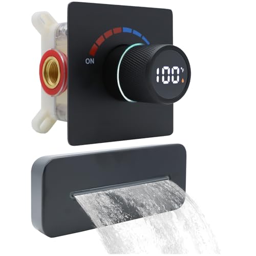 Temperature Display Shower Valve with Wall Mounted Waterfall Tub Faucet Kit Waterfall Tub Spout One Way Shower Deliver Valve - color: Matte Black, style: Adjustable bathtub faucet