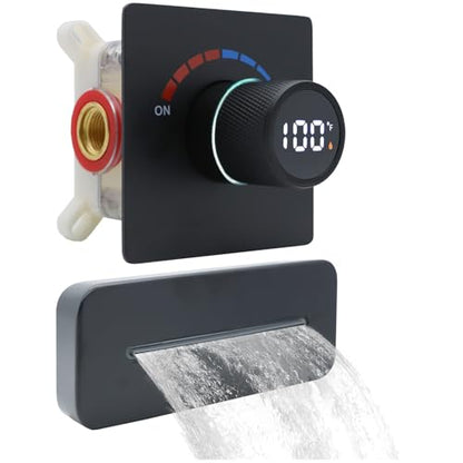 Temperature Display Shower Valve with Wall Mounted Waterfall Tub Faucet Kit Waterfall Tub Spout One Way Shower Deliver Valve - color: Matte Black, style: Adjustable bathtub faucet