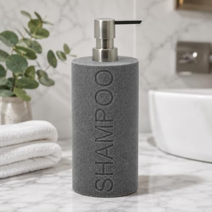 Resin Neutral Gray Sandstone Shampoo Engraved Bottle Refillable Pump Dispenser, Durable Waterproof Resin Construction for Bath, Shower - Gray Sandstone Satin Nickel Pump - color: Gray Sandstone Resin, Nickel Pump - Shampoo