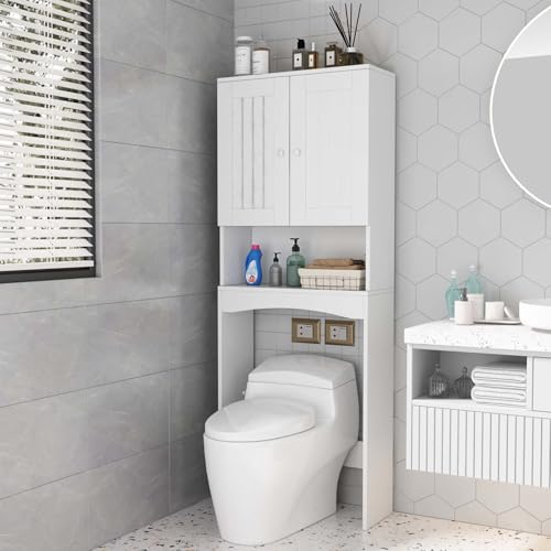 HRVEOCEI White Over The Toilet Storage Cabinet with Doors, Freestanding Bathroom Above Toilet Storage & Tall Bathroom Over Toilet Storage Cabinet with Adjustable Shelf (Style4) - style: Style4