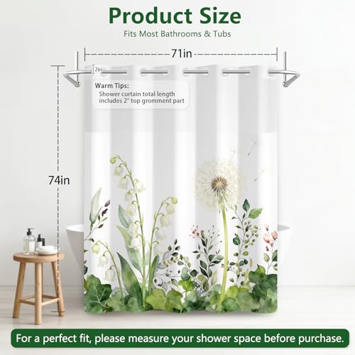 No Hook Shower Curtain and Liner, Farmhosue Machine Washable Waterproof Shower Curtain with Mesh Top Window and Weighted Hem, Spring Garden Floral Shower Curtains for Bathroom, 71" W x 74" L - color: Lush Greenery
