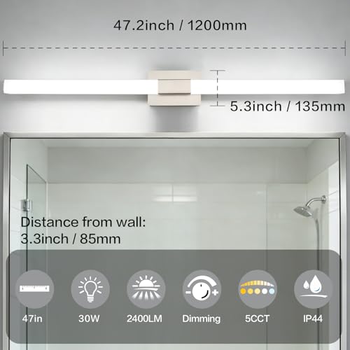 Brushed Nickel Bathroom Vanity Light - 48 Inch Extra Long Modern LED Vanity Light Bar IP44 Rust-Resistant 5CCT - color: Upgraded - Brushed Nickel - 5CCT Dimmable, size: 48 inch