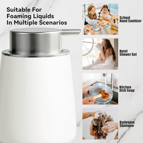 Foaming Soap Dispenser - 12 Oz White Ceramic Foam Hand Soap Dispenser for Bathroom, Face Wash Dispenser Bottle with Silvery Foaming Pump, Matte Lotion Dish Dispenser Refillable for Kitchen - color: White-slivery