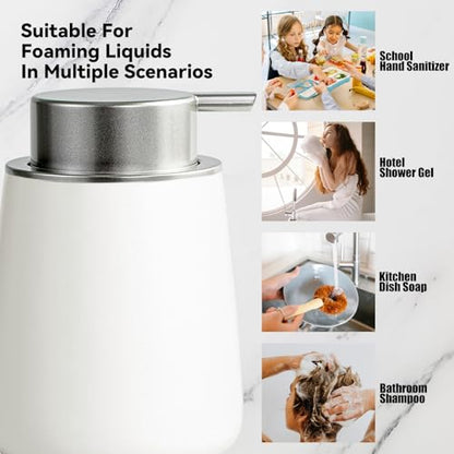 Foaming Soap Dispenser - 12 Oz White Ceramic Foam Hand Soap Dispenser for Bathroom, Face Wash Dispenser Bottle with Silvery Foaming Pump, Matte Lotion Dish Dispenser Refillable for Kitchen - color: White-slivery