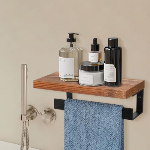 Hand Towel Holder/Towel Ring with Wooden Shelf, Hand Towel Rack, Hand Towel Hanger for Bathroom, Bath Accessories Wall Mounted, (Matte Black, 9"-Squ Shaped) - size: 9"-Squ Shaped