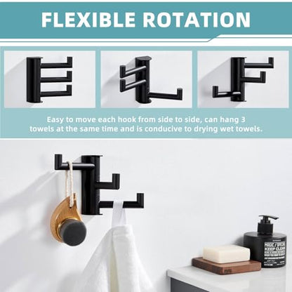 Suyar Swivel Towel Hook with 3 Arms, Bathroom Coat Robe Holder Matte Black | SUS304 Stainless Steel Wall Hook, Space-Saving Design, Holds 3 Towels at Once, Wall Mounted - color: Matte Black, size: 1 Pack