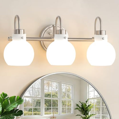 Bathroom Wall Light Fixture Brushed Nickel 3 Light Vanity Light | Wall Sconce with Milk Globe Glass Shade Bath Wall Lamp over Mirror Farmhouse Wall Mount Light for Living Room Bedroom Hallway - color: Brushed Nickel M