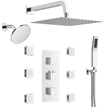 Wall Mount 12" High-Pressure Rainfall Shower Faucet, Dual Rainfall Shower Head System with 6 Body Jets (Polished Chrome) | Wall Mount, High-Pressure, Dual Rainfall Shower Head System, 6 Body Jets - color: Polished Chrome