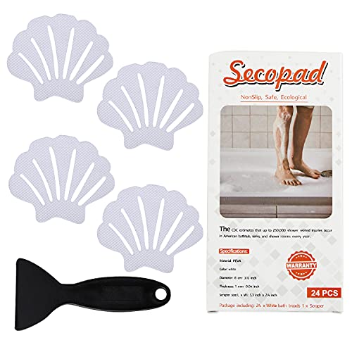 Secopad Non-Slip Bathtub Stickers, 24 PCS Shell Safety Bathroom Tubs Showers Treads Adhesive Decals Scraper (White) - color: White