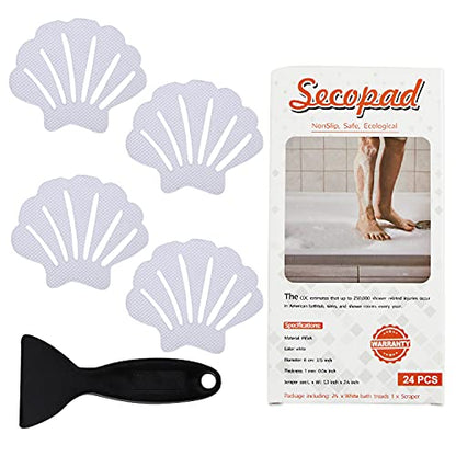 Secopad Non-Slip Bathtub Stickers, 24 PCS Shell Safety Bathroom Tubs Showers Treads Adhesive Decals Scraper (White) - color: White