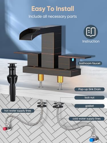 Cobbe Waterfall Bathroom Faucets 3 Hole, Oil Rubbed Bronze Bathroom Sink Faucet Square 4 Inch Centerset with Pop-Up Drain, 2 Handle and 2 Supply Hoses, Lead-Free Stainless Steel for Vanity Sink Rv - color: Oil Rubbed Bronze, size: 4 Inch Centerset