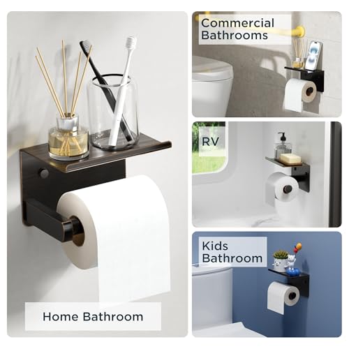 FORIOUS Toilet Paper Holder with Shelf, Adhesive or Screw,Oil Rubbed Bronze | Wall Mount Toilet Paper Roll Holder for Bathroom, Stainless Steel Commercial Toilet Tissue Roll Dispenser with Phone Shelf - color: Oil Rubbed Bronze