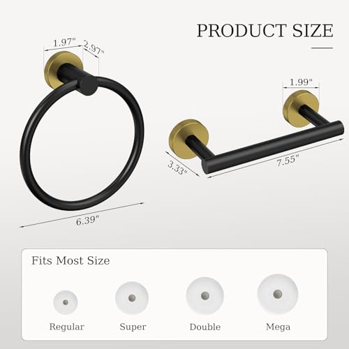 Black and Gold Toilet Paper Holder & Towel Holder Bathroom Hardware Set | SUS304 Stainless Steel Double Post Pivoting Tissue Roll Holder and Hand Towel Ring Set for Bathroom RV by Evolvegoods - color: Black Gold