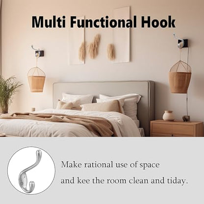 Coat Hooks 5 Pack - Heavy Duty Wall Mounted Brushed Nickel Door Hooks Double Prong Hooks for Hanging Clothes/Towels - Sturdiness Design with Better Mounting System - color: Brushed Nickel