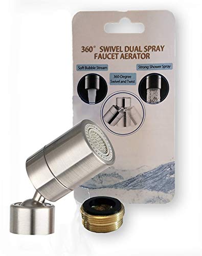 TOTOMO Kitchen Sink Faucet Aerator (Solid Brass) 2 Spray-Mode (Shower&Bubble Stream) 360° Swivel Booster Sprayer Adapter Water Saving Head Attachment Replacement - Brushed Nickel/Big Angle Swiveling - color: Faucet Aerator 85° Angle - Brushed Nickel