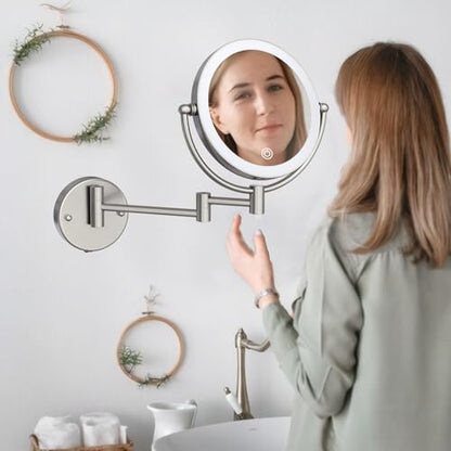 Makeup Mirror Wall Mounted with Lights and Magnification 10X, Rechargeable | 8 Inches Double-Sided, 3 Color LED Touch Dimmable, Brass Extended Swing Arm, Bathroom Vanity Cosmetic, Brushed Nickel - color: Brushed Nickel
