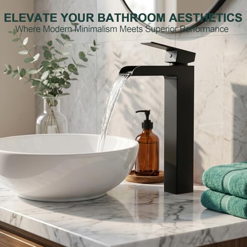 Black Tall Waterfall Bathroom Faucet, Single Hanlde Vessel Sink Faucet with Waterfall Spout, Bathroom Faucets for 1 Hole, RV Lavatory Vanity Mixer Bar Tap with Pop Up Drain and Hoses KMBF015B | Bathroom Faucets for RV Lavatory Vanity Mixer Bar Tap with Po