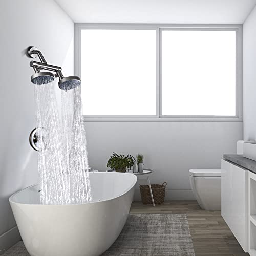 AZOS Double Shower Head with Shut-Off Valve, Bathathroom High Pressure Dual Fixed Rain Shower Head Combo with Brass Dual Outlet Manifold, Adjustable 5 Function Showerhead Brushed Nickel - color: Brushed Nickel