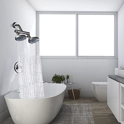 AZOS Double Shower Head with Shut-Off Valve, Bathathroom High Pressure Dual Fixed Rain Shower Head Combo with Brass Dual Outlet Manifold, Adjustable 5 Function Showerhead Brushed Nickel - color: Brushed Nickel