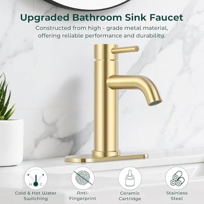 Bathroom Faucet, Single Handle Vanity Sink Faucet, Brushed Gold | Brushed Gold, for 1/3-Hole, Stainless Steel, Ceramic Cartridge, Pop-Up Drain, Deck Plate, For Vanity Powder Laundry - color: Brushed Gold