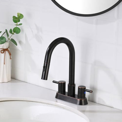 Oil Rubbed Bronze Bathroom Faucet with Pull Out Sprayer, Dual-Function Spout Bronze Bathroom Sink Faucets, 4 Inch Two Handle Utility Sink Faucet with Sprayer 3 Hole, Easy Pet Shower, RVs - color: Oil Rubbed Bronze