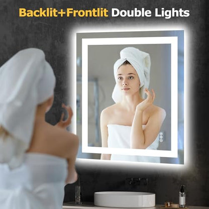 Hivone 28"X32" LED Bathroom Mirror with Lights, Anti-Fog, Dimmable, Backlit + Front Lit, Smart Bathroom Vanity Mirror, Memory Function, Shatterproof, Tempered Glass (Horizontal/Vertical) - size: 28"L x 32"W