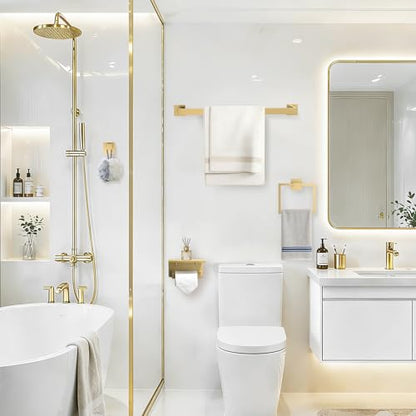 TURS Bathroom Hardware Set Brushed Gold 4-Piece Towel Bar Set Include 24 Inch Towel Bar Towel Ring Towel Hook Toilet Paper Holder with Shelf Wall Mounted. - color: Brushed Gold, size: Set C