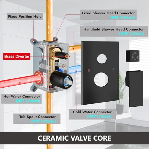 Midanya Shower System with Tub Spout,Bathtub Shower Faucet Set with Square Rainfall Head and Handheld Sprayer Wall Mount Tub Faucet Set with Valve and Trim Kit,12 Inch Matte Black - color: Matte Black, size: 12 Inch