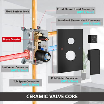 Midanya Shower System with Tub Spout,Bathtub Shower Faucet Set with Square Rainfall Head and Handheld Sprayer Wall Mount Tub Faucet Set with Valve and Trim Kit,12 Inch Matte Black - color: Matte Black, size: 12 Inch