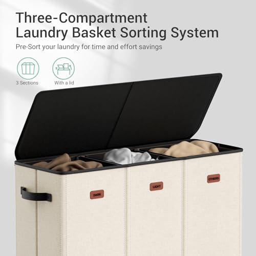 185L Laundry Hamper 3 Section with Lid, Beige Clothes Hamper with 3 Removable Laundry Bags, Large Laundry Basket for Bedroom, Laundry Room, Dorm - color: Beige