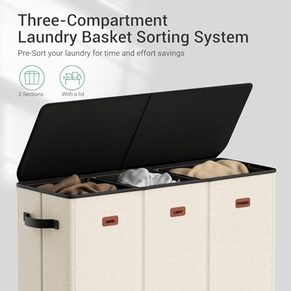 185L Laundry Hamper 3 Section with Lid, Beige Clothes Hamper with 3 Removable Laundry Bags, Large Laundry Basket for Bedroom, Laundry Room, Dorm - color: Beige