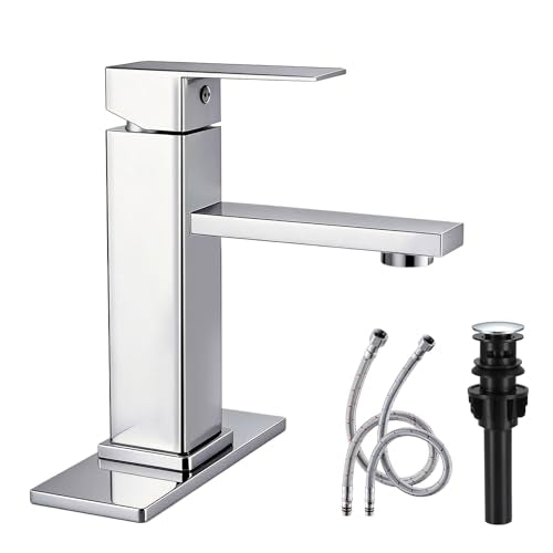Chrome Bathroom Faucet with Pop-Up Drain | Single Handle Bathroom Sink Faucet with Deck Plate, Suitable for RV, Farmhouse, Vanity Sinks, 1 or 3 Hole Installation - color: Chrome
