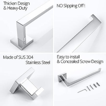 BAGNOLUX Bathroom Hardware Set 4 Pieces, Bath Towel Holder Set SUS304 Stainless Steel, Towel Bar Rack Set for Wall Mounted, Square Bathroom Accessories Set Fixture Heavy Duty Polished Chrome - color: Polished Chrome