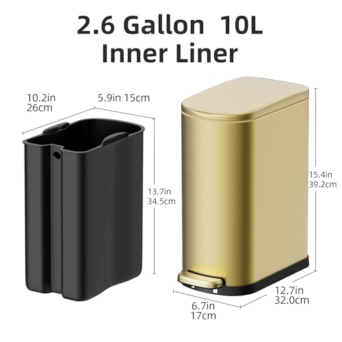 KSSKSS 2.6 Gallon/10L Slim Stainless Steel Bathroom Trash Can with Soft Close Lid, for Narrow Spaces,Bathroom, Bedroom (Titanium Gold) - color: Gold