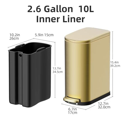 KSSKSS 2.6 Gallon/10L Slim Stainless Steel Bathroom Trash Can with Soft Close Lid, for Narrow Spaces,Bathroom, Bedroom (Titanium Gold) - color: Gold