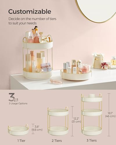 SONGMICS Makeup Organizer, 3-Tier Countertop, Customizable, Cloud White | Customizable skincare organizer countertop, round rotating, toiletries vanity organizer, lazy susan, gift UJKA011W01 - color: Cloud White, style: Round