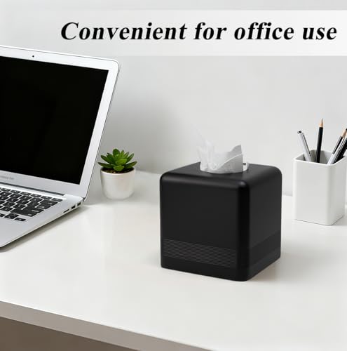 Resin Tissue Box Cover, Modern Square Holder, Black | Black resin tissue box cover with modern square design and silicone feet for bathroom vanity, office desk, and living room - color: Black