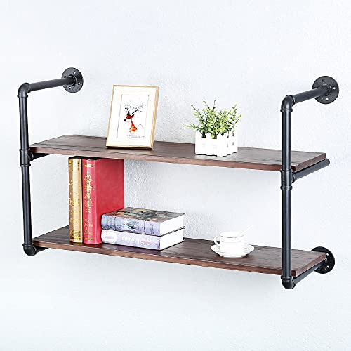 Industrial Pipe Shelves With Wood Planks,Rustic Pipe Shelving Wall Shelf | Metal Pipe Solid Pine Wood,Easy to Assemble,Wooden Board Thickness 0.78 In,For Bar Farmhouse Kitchen Office Bathroom,Bedroom - color: 2-layer, size: 36in