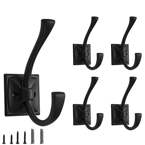 5 Pack Decorative Heavy Duty Towel Hooks for Hanging Robe Double Matte Black Coat Hooks Wall Mounted with Screws for Key, Towel, Bags, Cup, Hat - color: Matte Black
