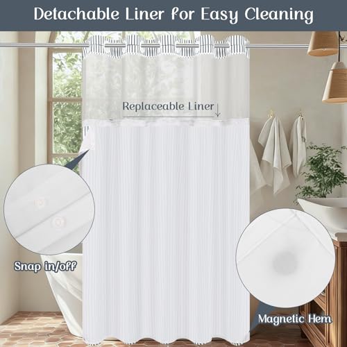 ASPMIZ Farmhouse Striped Shower Curtain and Liner Set No Hook, Grey 71x86 | No Hook Shower Curtain with Snap in Liner Fabric, Rustic Washable Waterproof Bathroom Curtains with Button, Mesh Top Window - color: Grey Striped, size: 71"W x 86"L (Pack of 1), s