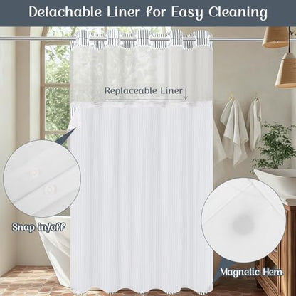 ASPMIZ Farmhouse Striped Shower Curtain and Liner Set No Hook, Grey 71x86 | No Hook Shower Curtain with Snap in Liner Fabric, Rustic Washable Waterproof Bathroom Curtains with Button, Mesh Top Window - color: Grey Striped, size: 71"W x 86"L (Pack of 1), s