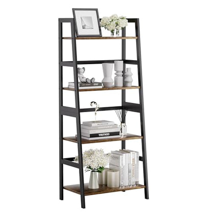 HITNET Ladder Shelf, 4 Tier Bookshelf with Bamboo Frame, Freestanding Bathroom Storage Shelving Unit for Living Room, Home Office, Bedroom, Rustic Brown and Black - color: Rustic Brown and Black