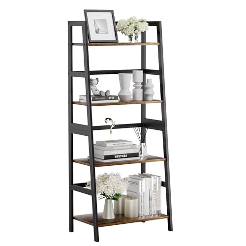 HITNET Ladder Shelf, 4 Tier Bookshelf with Bamboo Frame, Freestanding Bathroom Storage Shelving Unit for Living Room, Home Office, Bedroom, Rustic Brown and Black - color: Rustic Brown and Black