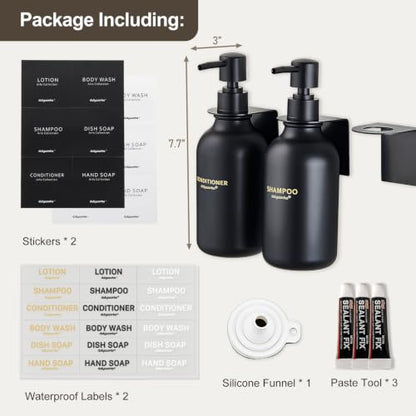 Shampoo and Conditioner Dispenser Set of 3, Matte Black | 16.9 oz Refillable Bottles, No-Drill Wall Mount, Includes 27 Labels, For Bathrooms, Hotels and Airbnbs - color: Matte Black Bottle + Black Pump
