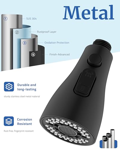 Metal Kitchen Faucet Head Replacement, 3-Mode Sprayer Head with 15 Adapters | 304 Stainless Steel, Pull Down Sink Faucet Head, Stream/Spray/Blade, Compatible with Moen/Delta/Kohler, Matte Black - color: Matte Black